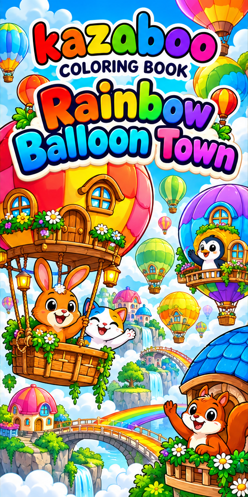 Kazaboo Rainbow Balloon Town illustrated coloring book cover