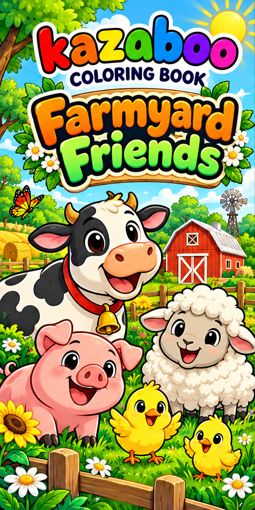 Kazaboo Farmyard Friends illustrated coloring book cover