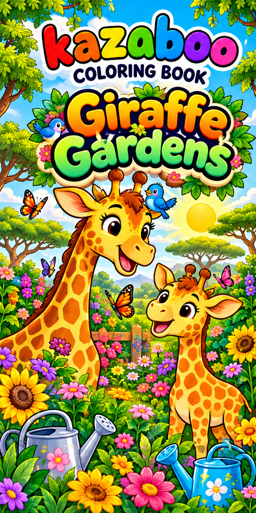 Kazaboo Giraffe Gardens illustrated coloring book cover