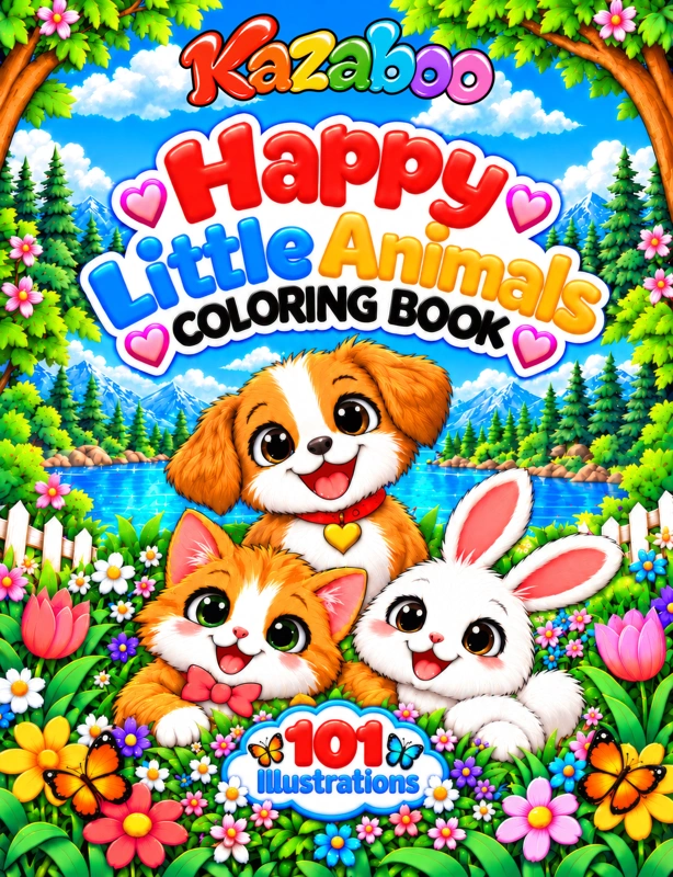 Kazaboo Happy Little Animals illustrated coloring book cover