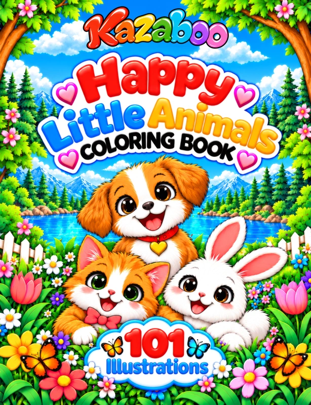 Kazaboo Happy Little Animals illustrated coloring book cover