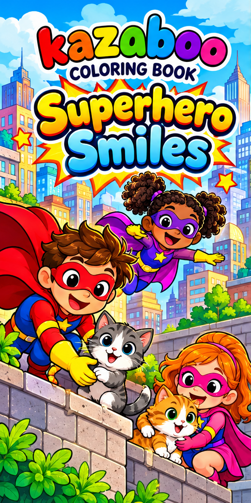 Kazaboo Superhero Smiles illustrated coloring book cover