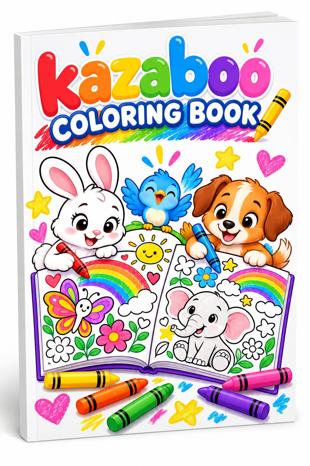 Kazaboo Coloring Book with rainbow lettering and happy animal cover artwork