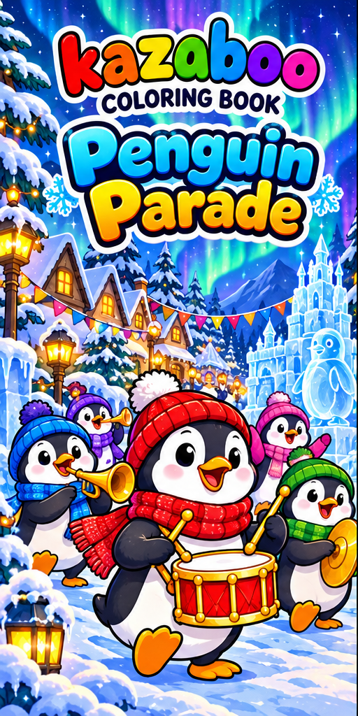 Kazaboo Penguin Parade illustrated coloring book cover