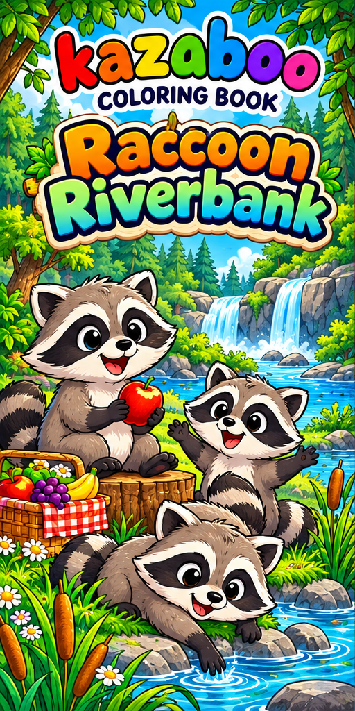 Kazaboo Raccoon Riverbank illustrated coloring book cover