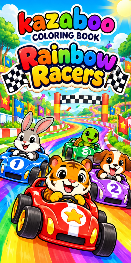Kazaboo Rainbow Racers illustrated coloring book cover