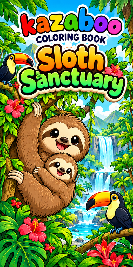 Kazaboo Sloth Sanctuary illustrated coloring book cover
