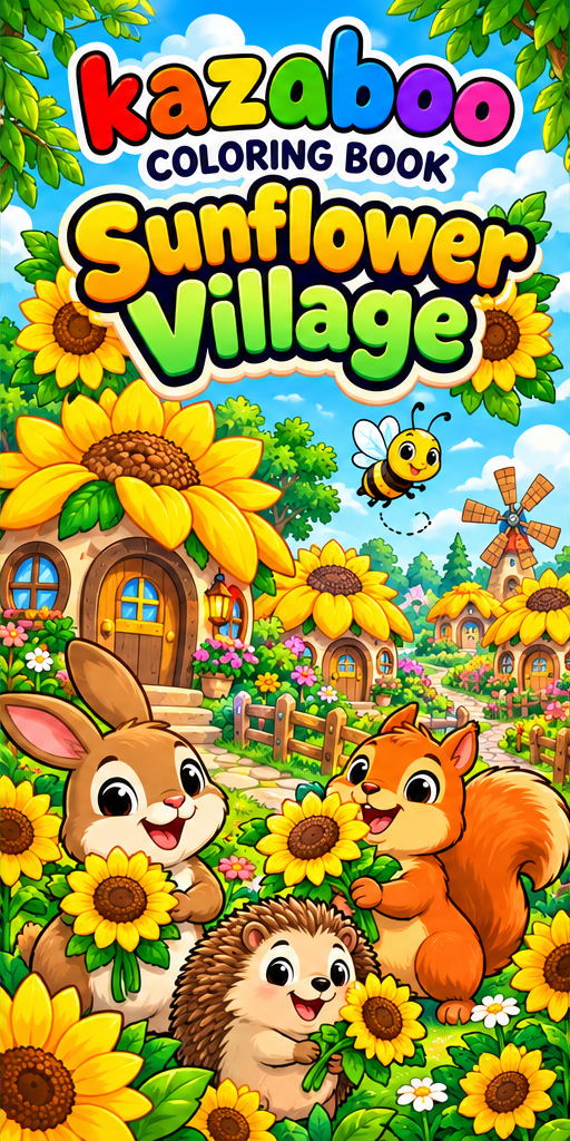Kazaboo Sunflower Village illustrated coloring book cover