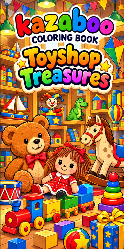 Kazaboo Toyshop Treasures illustrated coloring book cover