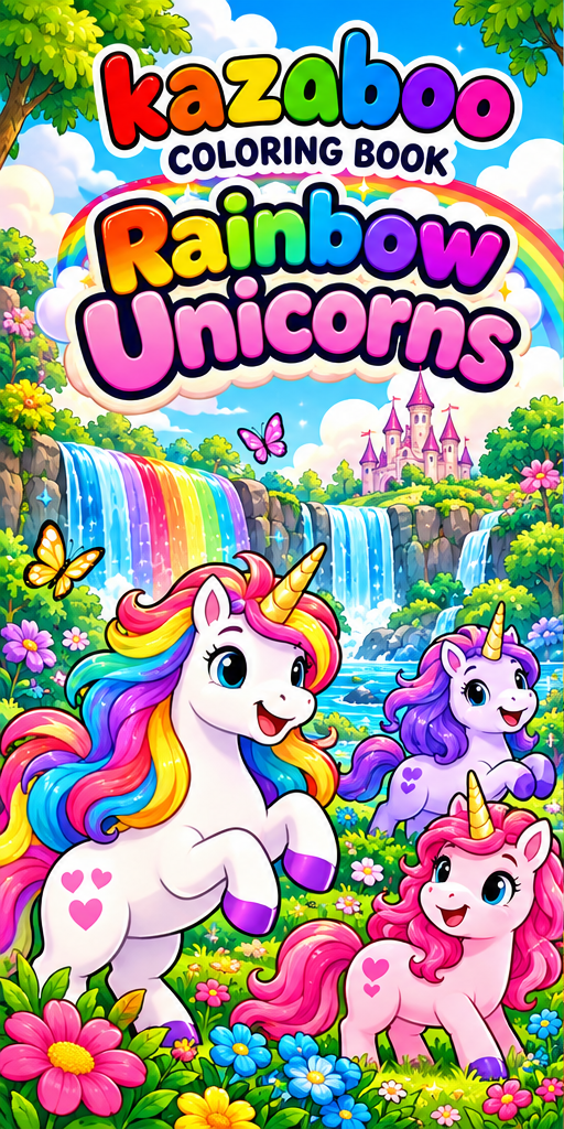 Kazaboo Rainbow Unicorns illustrated coloring book cover