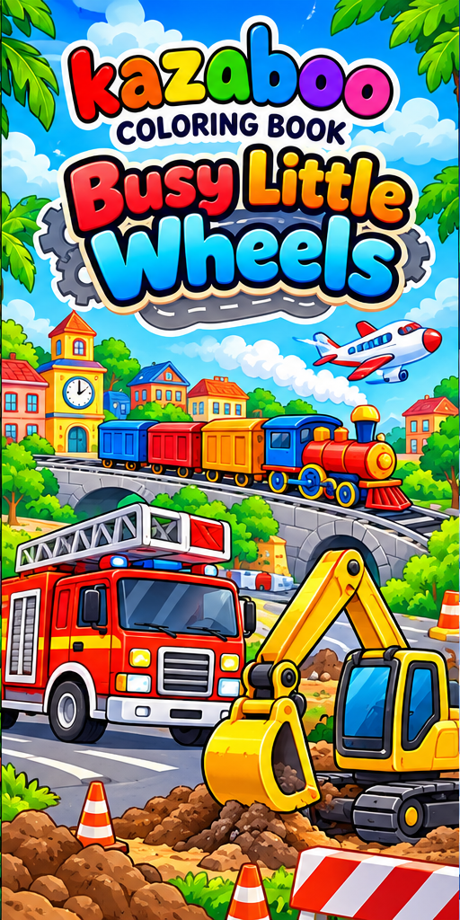 Kazaboo Busy Little Wheels illustrated coloring book cover